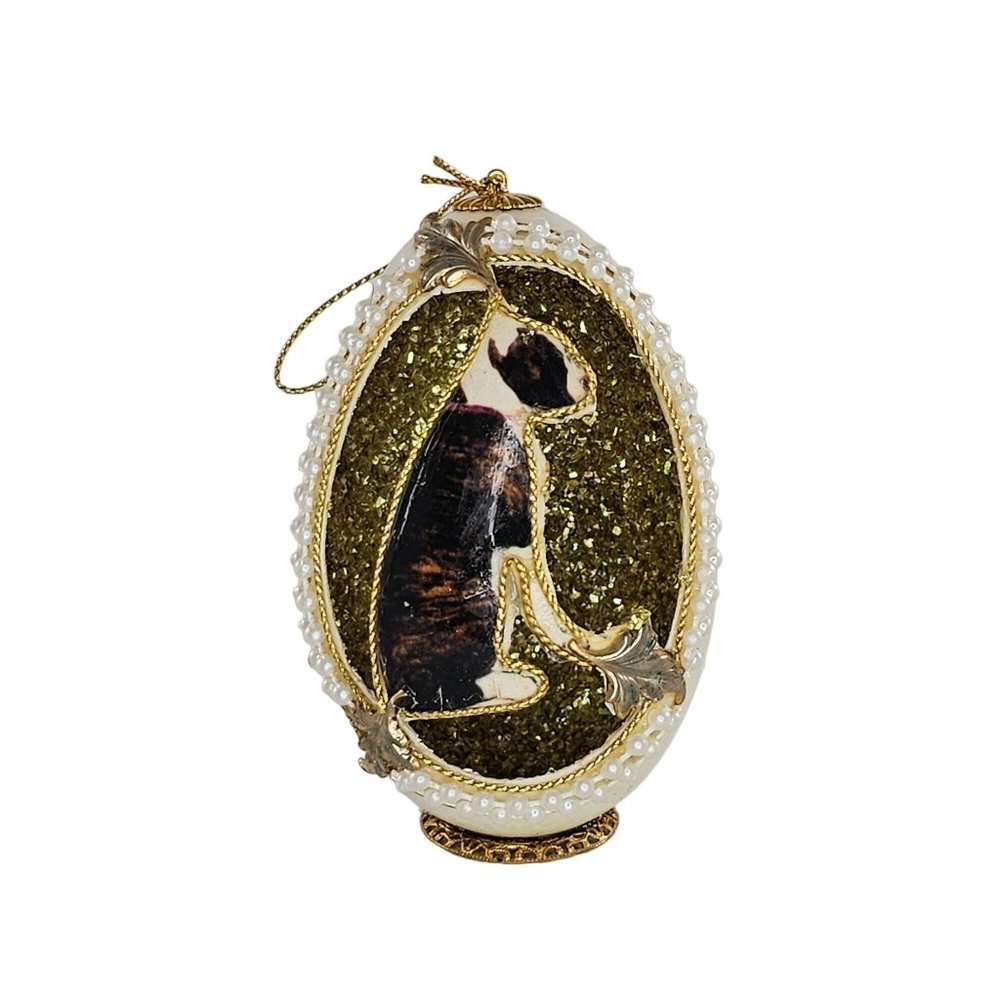 Vintage Handmade Boxer Puppy Dog Real Egg Christmas Ornament Cutout Glitter
